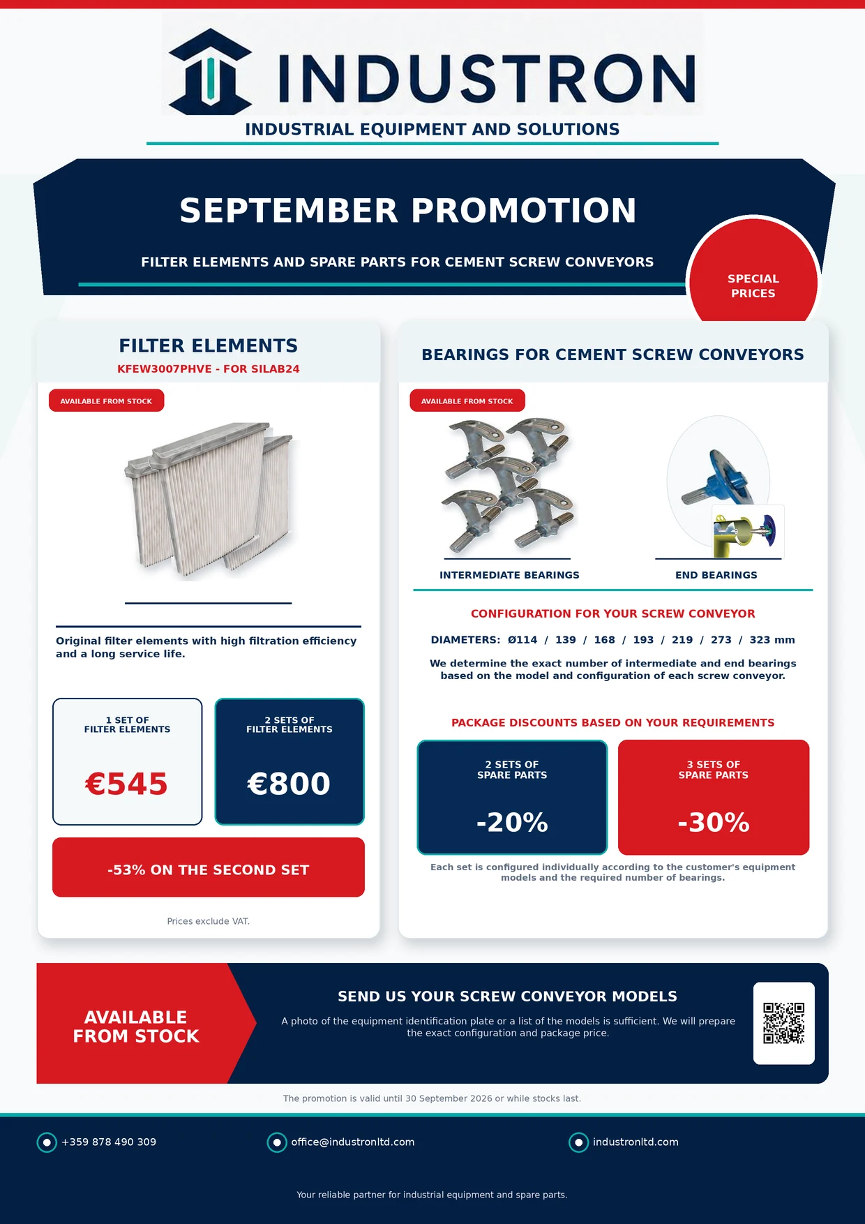 Industron September 2026 promotion for filter elements and screw conveyor bearings